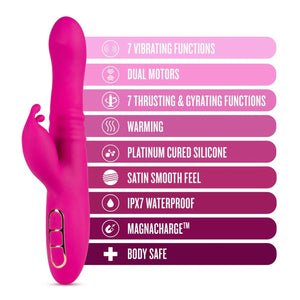 Blush Kira Rabbit features: 7 VIBRATING FUNCTIONS; DUAL MOTORS; 7 THRUSTING & GYRATING FUNCTIONS; WARMING; PLATINUM CURED SILICONE; SATIN SMOOTH FEEL; IPX7 WATERPROOF; MAGNACHARGE; BODY SAFE.