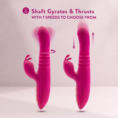 Feature icon for Shaft Gyrates & thrusts with 7 speeds to choose from. Below are 2 Blush Kira Rabbit Vibes on the left has an arrow circling around the shaft indicating where it gyrates, and on the right side are 2 up & down arrows on each side indicating the thrusting movement on the product.