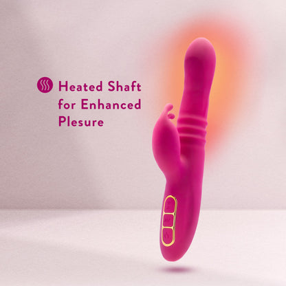 Feture icon for Heated shaft for enhanced pleasure. An image of the Blush Kira Rabbit Vibe with an orange glow around the shaft area showing the warming feature.