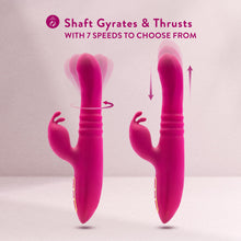 Load image into Gallery viewer, Feature icon for Shaft Gyrates &amp; thrusts with 7 speeds to choose from. Below are 2 Blush Kira Rabbit Vibes on the left has an arrow circling around the shaft indicating where it gyrates, and on the right side are 2 up &amp; down arrows on each side indicating the thrusting movement on the product.