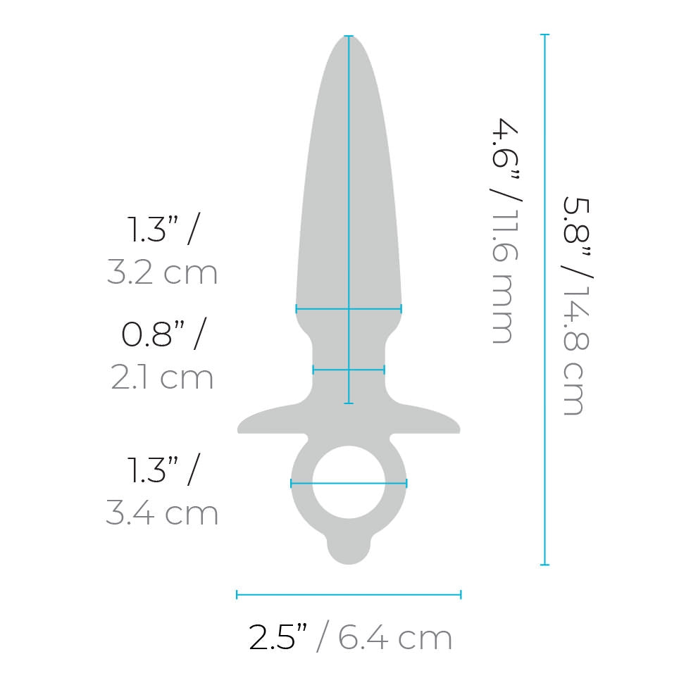 b-Vibe Butties Sleek Tapered Silicone Plug insertable length: 1.3 inches / 3.2 centimetres; 0.8 inches / 2.1 centimetres; Neck insertable width: 0.8 inches / 2.1 centimetres; Width of the ring handle: 1.3 inches / 3.4 centimetres; Plug width: 2.5 inches / 6.4 centimetres; Insertable length: 4.6 inches / 11.6 centimetres; 5.8 inches / 14.8 centimetres.