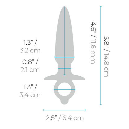 b-Vibe Butties Sleek Tapered Silicone Plug insertable length: 1.3 inches / 3.2 centimetres; 0.8 inches / 2.1 centimetres; Neck insertable width: 0.8 inches / 2.1 centimetres; Width of the ring handle: 1.3 inches / 3.4 centimetres; Plug width: 2.5 inches / 6.4 centimetres; Insertable length: 4.6 inches / 11.6 centimetres; 5.8 inches / 14.8 centimetres.