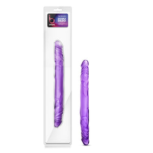 On the left side of the image is the product packaging. On the top of the product packaging is the brand b yours, and beside is product name 14 inch Double Dildo, and below is the product shown in clear packaging. On the right side of the image is the product out of the package.