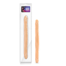 Load image into Gallery viewer, On the left side of the image is the product packaging. On the product packaging from the top label: blush b yours Double Dildo. Phthalate free PVC; Use solo or with a partner; Easy to clean. blow is transparent packaging with the beige product variable visible inside the packaging. Beside the product packaging is the product blush B Yours 16 Inch Beige Double Dildo.