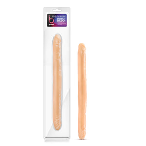 On the left side of the image is the product packaging. On the product packaging from the top label: blush b yours Double Dildo. Phthalate free PVC; Use solo or with a partner; Easy to clean. blow is transparent packaging with the beige product variable visible inside the packaging. Beside the product packaging is the product blush B Yours 16 Inch Beige Double Dildo.