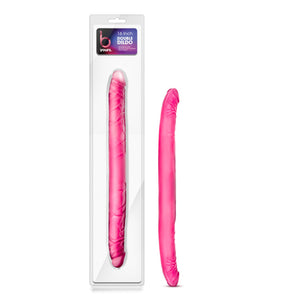 On the left side of the image is the product packaging. On the product packaging from the top label: blush b yours Double Dildo. Phthalate free PVC; Use solo or with a partner; Easy to clean. blow is transparent packaging with the pink product variable visible inside the packaging. Beside the product packaging is the product blush B Yours 16 Inch Pink Double Dildo.