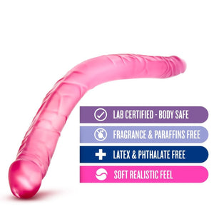 blush B Yours 16 Inch pink Double Dildo features: Lab certified - Body safe; Fragrance & Paraffins free; Latex & Phthalate free; Soft Realistic feel.