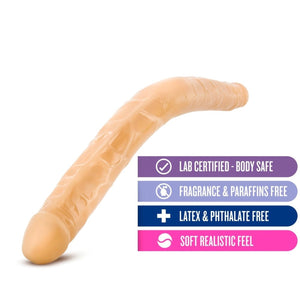 blush B Yours 16 Inch beige Double Dildo features: Lab certified - Body safe; Fragrance & Paraffins free; Latex & Phthalate free; Soft Realistic feel.