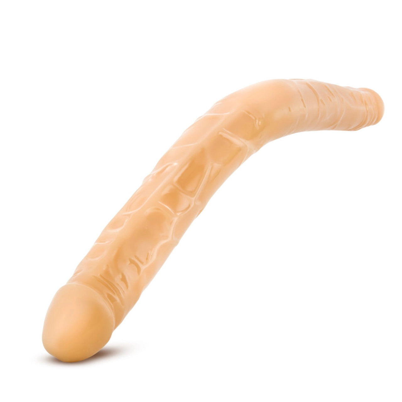 To Side view of the blush B Yours 16 Inch beige Double Dildo, bent in the middle, demonstrating its flexibility.