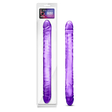 Load image into Gallery viewer, On the left side of the image is the product packaging. On the product packaging from the top blush b yours 18 inch Double Dildo, below the label is the product visible through the clear packaging. On the right side of the image is the product vertically placed.