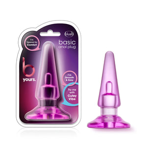 On left side of image is product packaging. On product packaging (top to bottom, left to right): I'm tapered for comfort (dialogue bubble pointing to product inside); b yours; blush; basic anal plug; I'm smooth & easy (dialogue bubble pointing to product inside); Try me with Cutey Vibe (dialogue bubble pointing to product inside), and in middle of packaging is a see through display for product inside. On right side of image is product blush B Yours Basic Anal Plug, placed on its base.