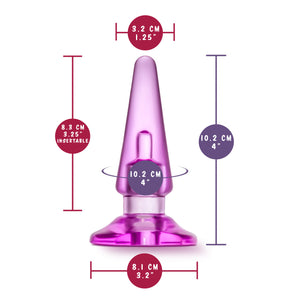 blush B Yours Basic Anal Plug measurements: Insertable width: 3.2 cm / 1.25"; Insertable length: 8.3 cm / 3.25"; Insertable circumference: 10.2 cm / 4"; Product width: 8.1 cm / 3.2 cm; Product length: 10.2 cm / 4".
