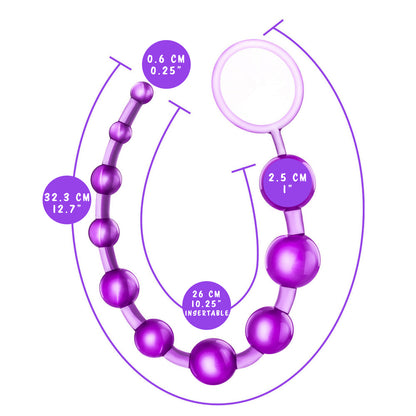 blush B Yours Basic Beads measurements: Smallest bead size: 0.6 cm / 0.25"; Largest bead size: 2.5 cm / 1"; Insertable length: 26 cm / 10.25"; Product length: 32.3 cm / 12.7".