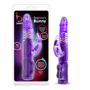 On left side of image is product packaging. Product packaging has b yours logo, Beginner's Bunny, Text bubbles "Adjustable multi-speed gyrating shaft" (pointing to shaft on product); "rotating pleasure pearls"; "Adjustable multi-speed vibrating clit stimulator" (pointing to bunny ears on product); "Soft and sensual feel"; "Body safe: Phthalate and latex free", and in the middle is a cutout display of product. On right side is product out of packaging, blush B Yours Beginner's Bunny Vibrator
