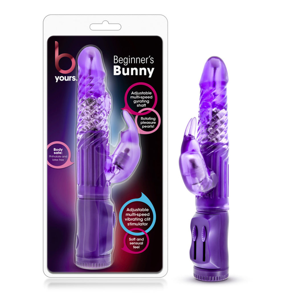 On left side of image is product packaging. Product packaging has b yours logo, Beginner's Bunny, Text bubbles 