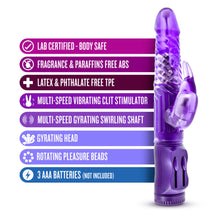 Charger l&#39;image dans la galerie, blush B Yours Beginner&#39;s Bunny Vibrator features: Lab certified - Body safe; Fragrance &amp; Paraffins free ABS; Latex &amp; Phthalate free TPE; Multi-speed vibrating clit stimulator; Multi-Speed Gyrating swirling shaft; Gyrating head; Rotating pleasure beads; 3 AAA batteries (not included).