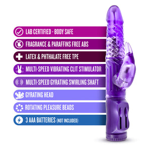 blush B Yours Beginner's Bunny Vibrator features: Lab certified - Body safe; Fragrance & Paraffins free ABS; Latex & Phthalate free TPE; Multi-speed vibrating clit stimulator; Multi-Speed Gyrating swirling shaft; Gyrating head; Rotating pleasure beads; 3 AAA batteries (not included).