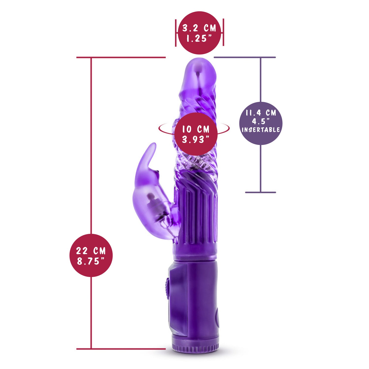 blush B Yours Beginner's Bunny Vibrator measurements: Insertable width: 3.2 cm / 1.25"; Product length: 22 cm / 8.75"; Insertable circumference: 10 cm / 3.93"; Insertable length: 11.4 cm / 4.5".