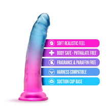 Load image into Gallery viewer, blush B Yours Beautiful Sky Dildo features: Soft realistic feel; Body safe - Phthalate free; Fragrance &amp; Paraffin free; Harness compatible; Suction cup base.