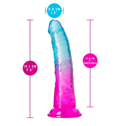 blush B Yours Beautiful Sky Dildo measurements: Insertable width: 3.8 cm / 1.5"; Product length: 19.1 cm / 7.5"; Insertable length: 19.1 cm / 7.5".