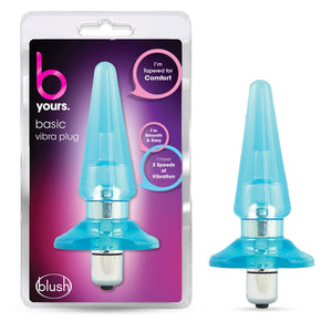 On left side of image is packaging. On packaging is written (from left to right) b yours basic vibra plug, text bubble "i'm tapered for comfort" (pointing to upper part of product), text bubble "I'm smooth & easy" (pointing to middle part of product), text bubble "I have 3 speeds of vibration" (pointing to product), In middle is a cutout display of product, and on bottom left is blush logo. On right side is the product blush B Yours Basic Vibra Plug out of packaging vertically placed.