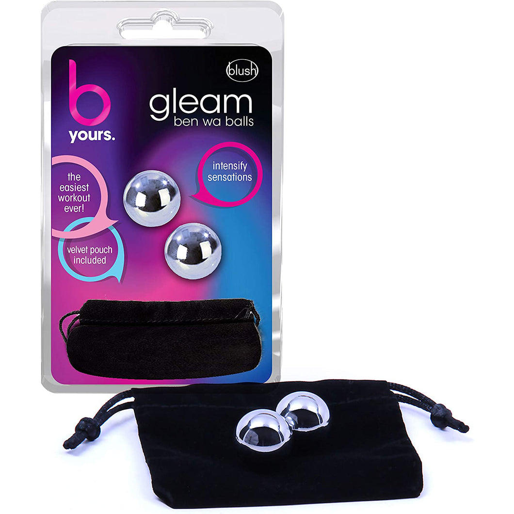On the left side of the image is the product packaging. On the packaging is the b yours brand logo, On top right is blush logo, product name gleam ben wa balls, in the middle is an image of the product, and text bubbles: 