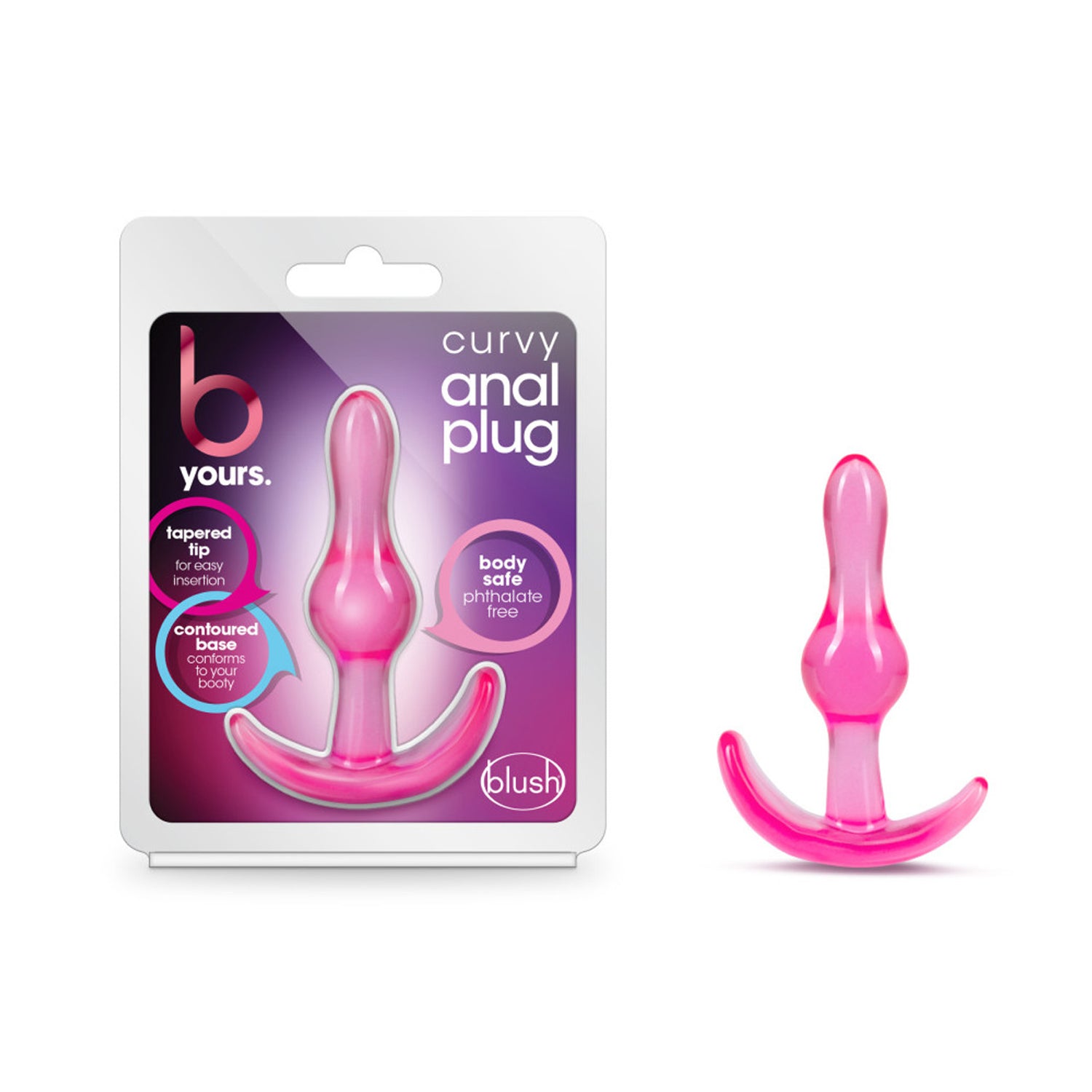 On left side of image is product packaging. On product packaging is b yours brand logo, Curvy Anal Plug, in middle is product visible through clear packaging, text bubbles: "Tapered tip for easy insertion" (Pointing to upper part of product), "contoured base conforms to your booty" (pointing to bottom of product); "body safe phthalate free" (Pointing to product), and on bottom right is blush logo. On right side of image is product blush B Yours Curvy Anal Plug, out of packaging.