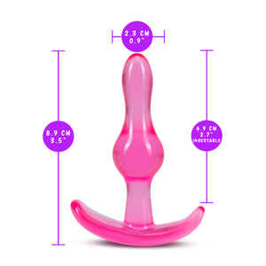 blush B Yours Curvy Anal Plug measurements: Insertable width: 2.3 cm / 0.9"; Product length: 8.9 cm / 3.5"; Insertable length: 6.9 cm / 2.7".