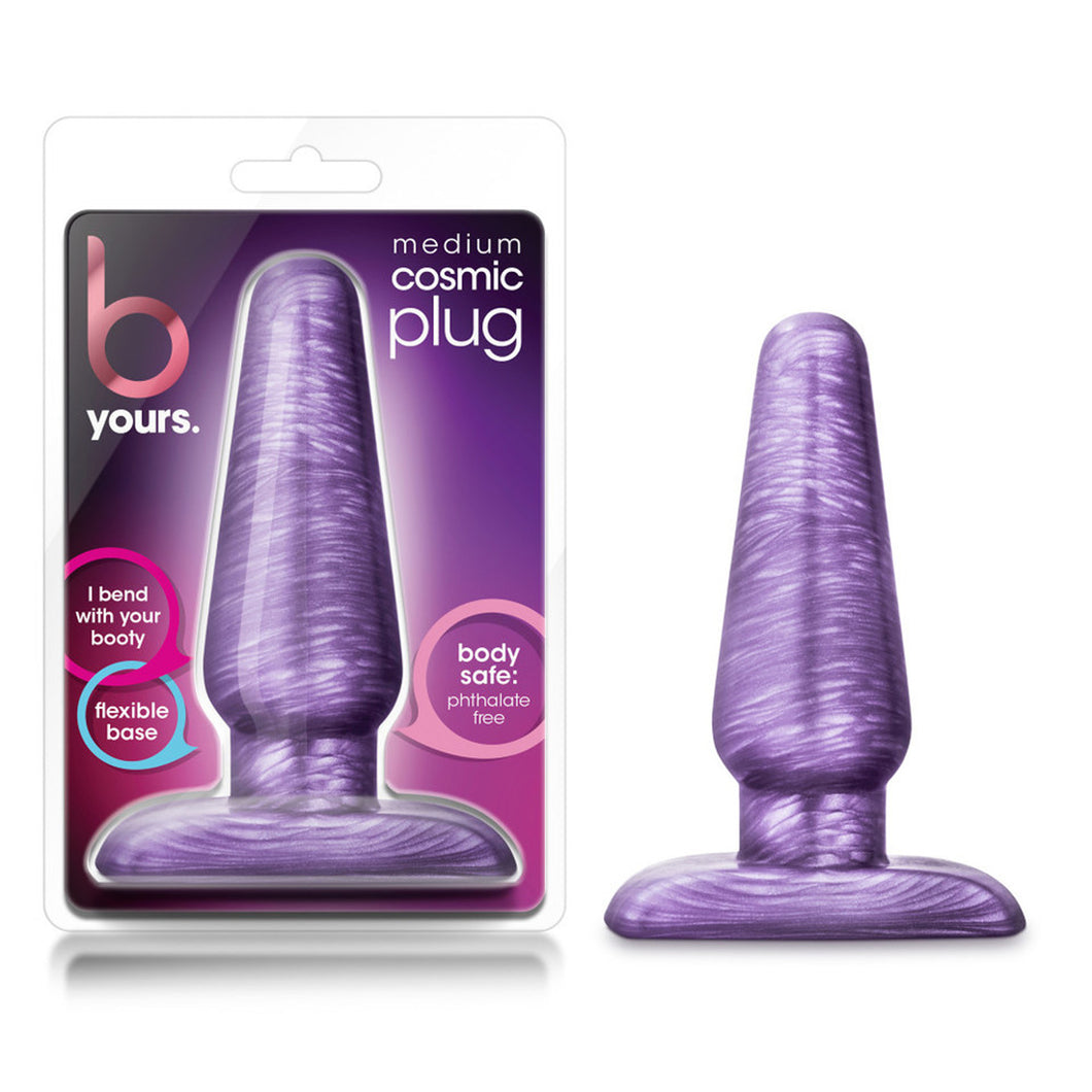 On the left side of the image is the product packaging. On the product packaging is the b Yours brand logo, product name medium cosmic plug, in the middle is a cutout display of the product inside, and text bubbles: 