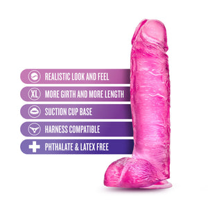 blush B Yours Plus Big n' Bulky 10.5 Inch Dildo features: Realistic look and feel; More girth and more length; Suction cup base; Harness compatible; Phthalate & latex free.