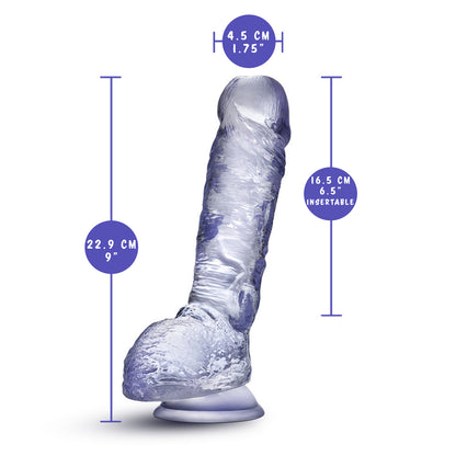 blush B Yours Plus Heart N' Hefty 9 Inch Dildo measurements: Insertable length: 4.5 centimetres / 1.75 inches; Product length: 22.9 centimetres / 9 inches; Insertable length: 16.5 centimetres / 6.5 inches.