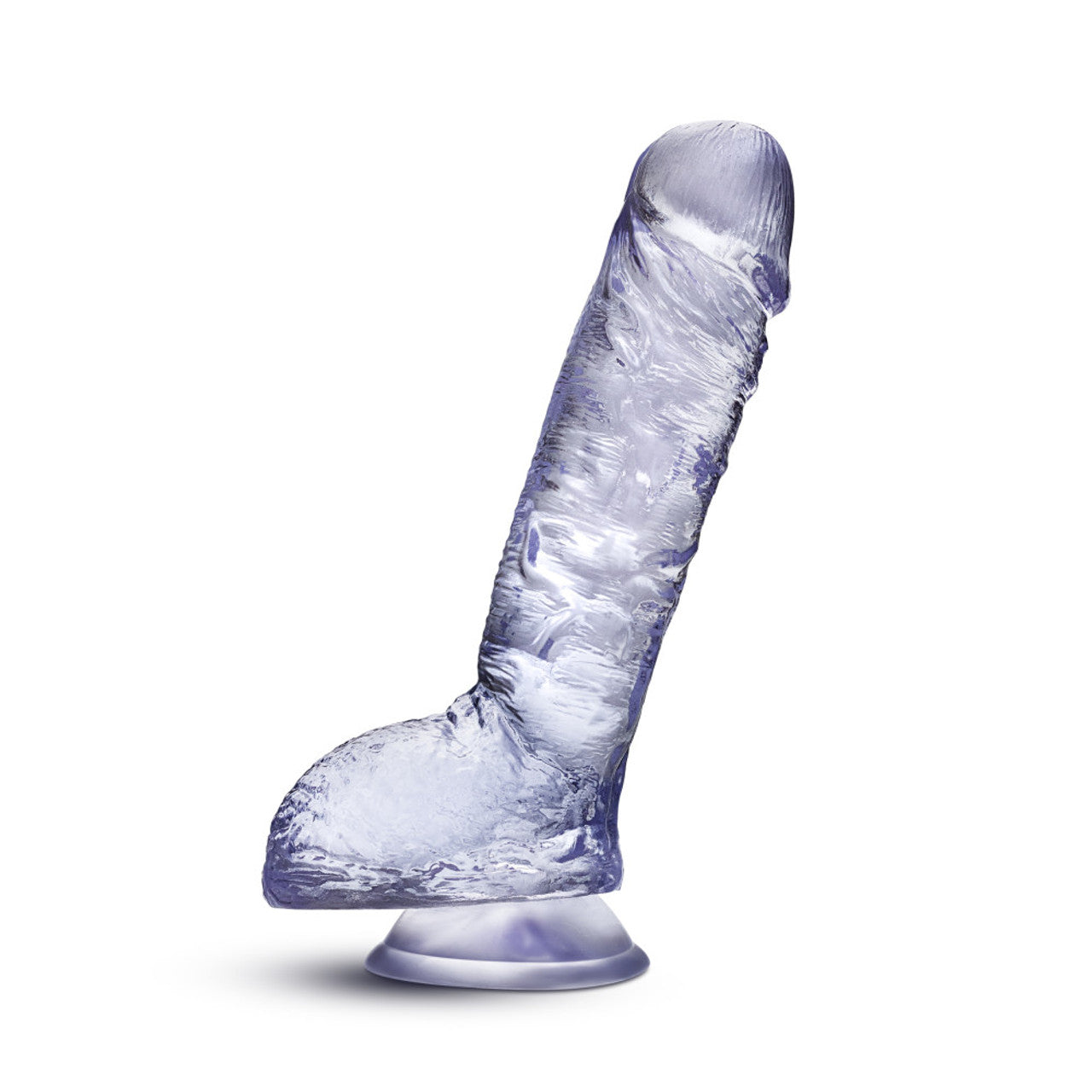 Side view of the blush B Yours Plus Heart N' Hefty 9 Inch Dildo, placed on its suction cup.