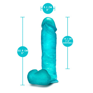 blush B Yours Plus Mount N' Moan 9 Inch Dildo measurements: Insertable width: 5.1 centimetres / 2 inches; Product length: 22.9 centimetres / 9 inches; Insertable length; 19.1 centimetres / 7.5 inches.