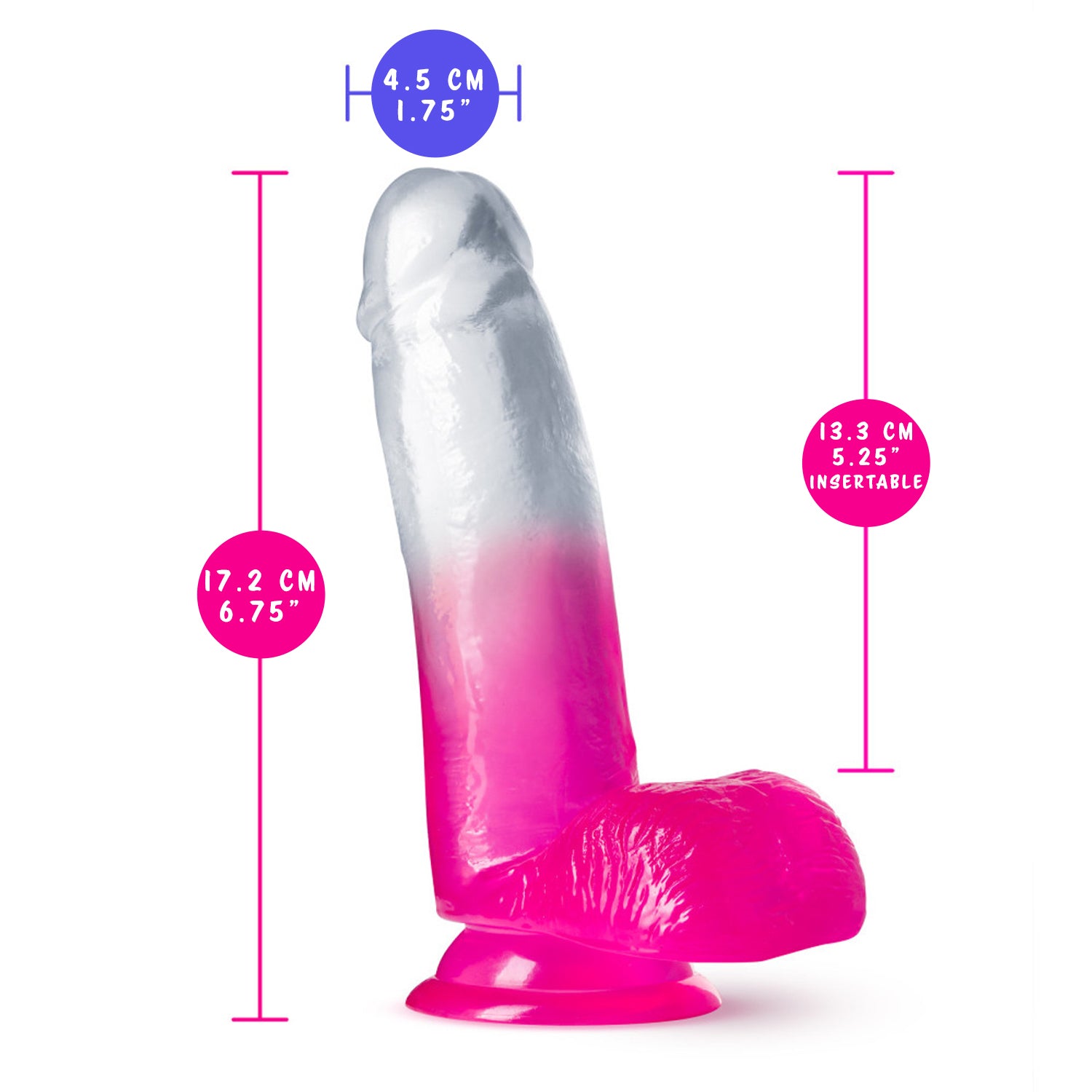 blush B Yours Sugar Magnolia 7 Inch Dildo measurements: Insertable width: 4.5 centimetres / 1.75 inches; Insertable length: 17.2 centimetres / 6.75 inches; Insertable length: 13.3 centimetres / 5.25 inches.