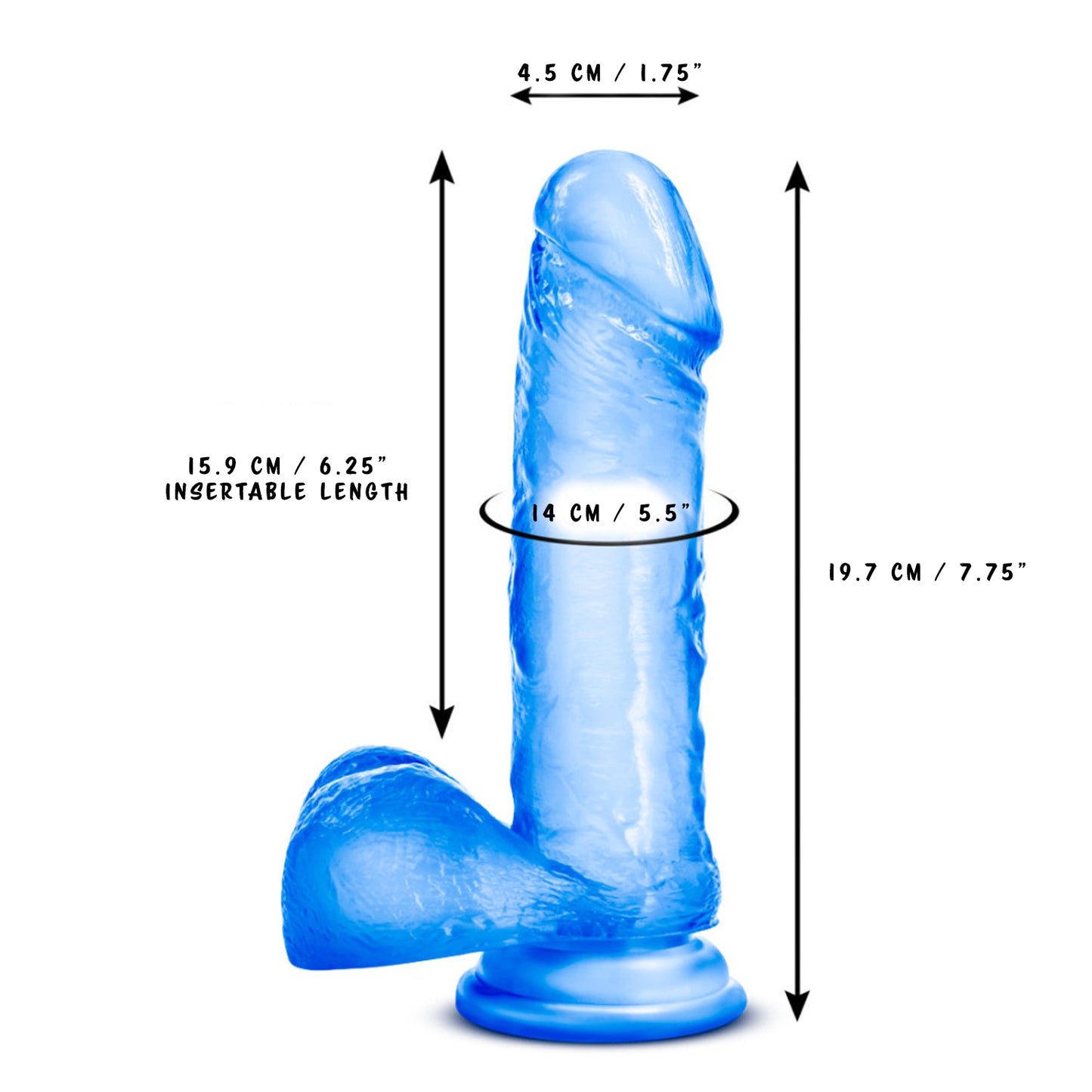 blush B Yours Sweet N' Hard 2 Realistic Dildo measurements: Insertable width: 4.5 centimetres / 1.75 inches; Insertable length: 15.9 centimetres / 6.25 inches; Insertable diameter: 14 centimetres / 5.5 inches; Product length: 19.7 centimetres / 7.75 inches.