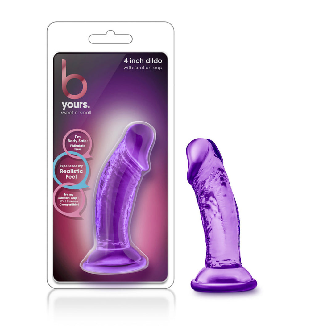 On the left side of the image is the product packaging. On the product packaging is the b yours logo, sweet 'n small, 4 inch dildo with suction cup, and on the left side are text bubbles pointing to the product visible inside through the clear packaging: 