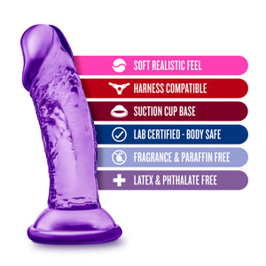 blush B Yours Sweet 'N Small 4 Inch Dildo features: Soft realistic feel; Harness compatible; Suction cup base; Lab Certified - Body safe; Fragrance & Paraffin free; Latex & Phthalate free.