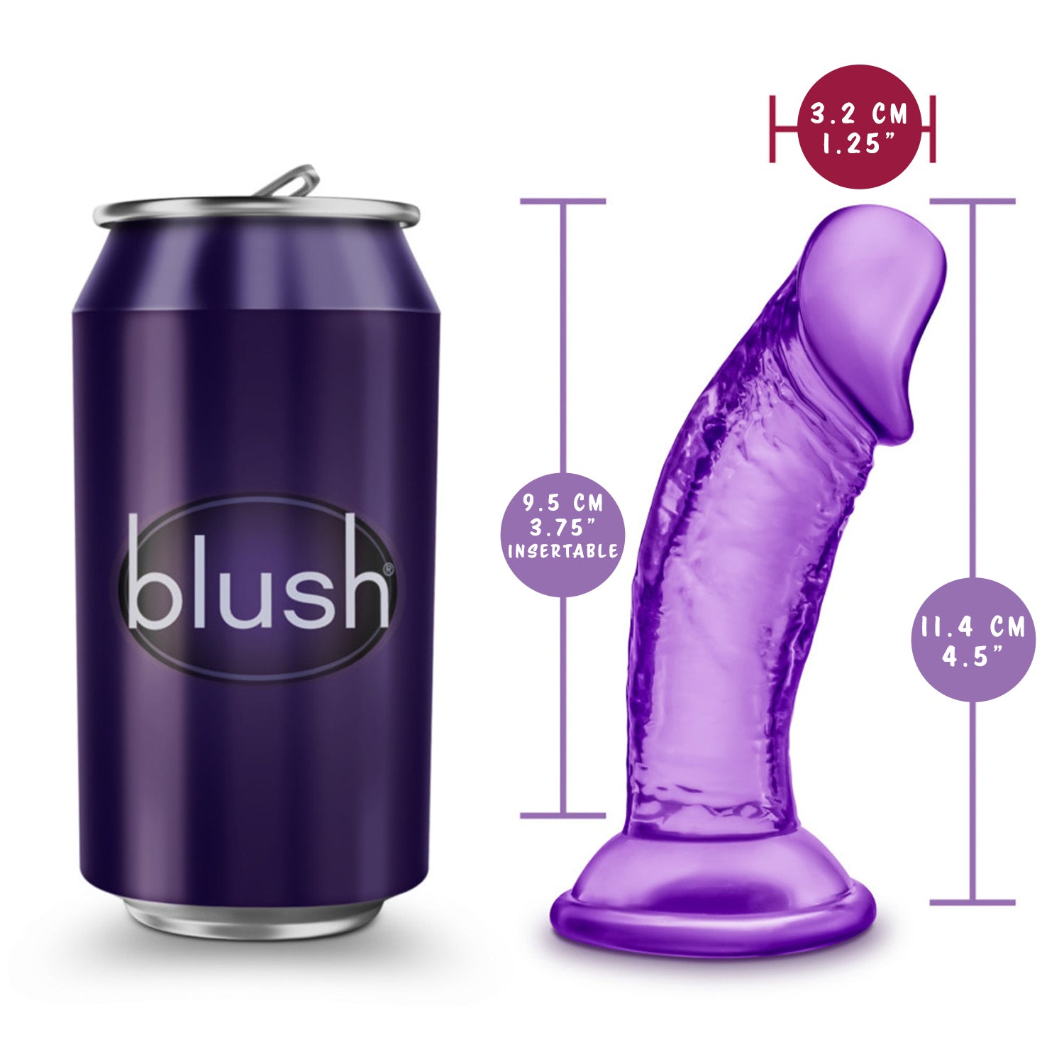 On the left side of the image is a standard size drink can, with the blush logo, for scaled size comparison to the product. blush B Yours Sweet 'N Small 4 Inch Dildo measurements: Insertable width: 3.2 centimetres / 1.25 inches; Insertable length: 9.5 centimetres / 3.75 inches; product length: 11.4 centimetres / 4.5 inches.