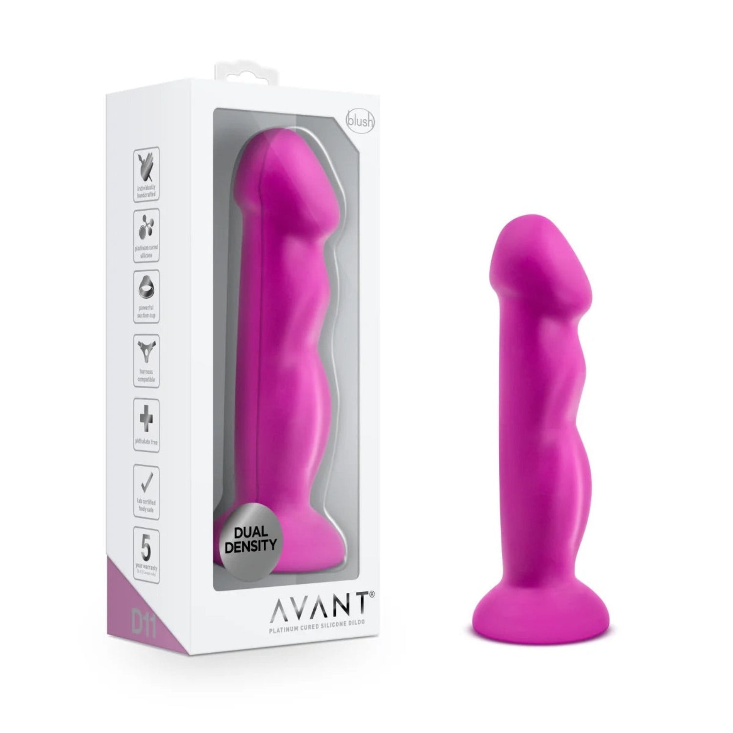 Avant by Blush Suko Violet D11 platinum-cured silicone dildo standing upright beside its retail packaging box featuring the dual-density badge and 5-year warranty seal.