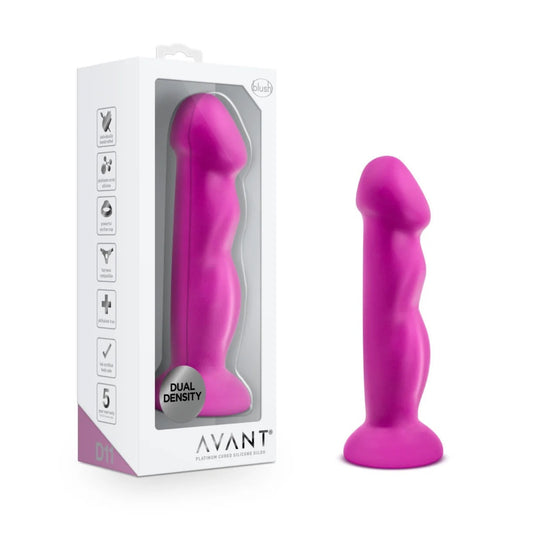 Avant by Blush Suko Violet D11 platinum-cured silicone dildo standing upright beside its retail packaging box featuring the dual-density badge and 5-year warranty seal.