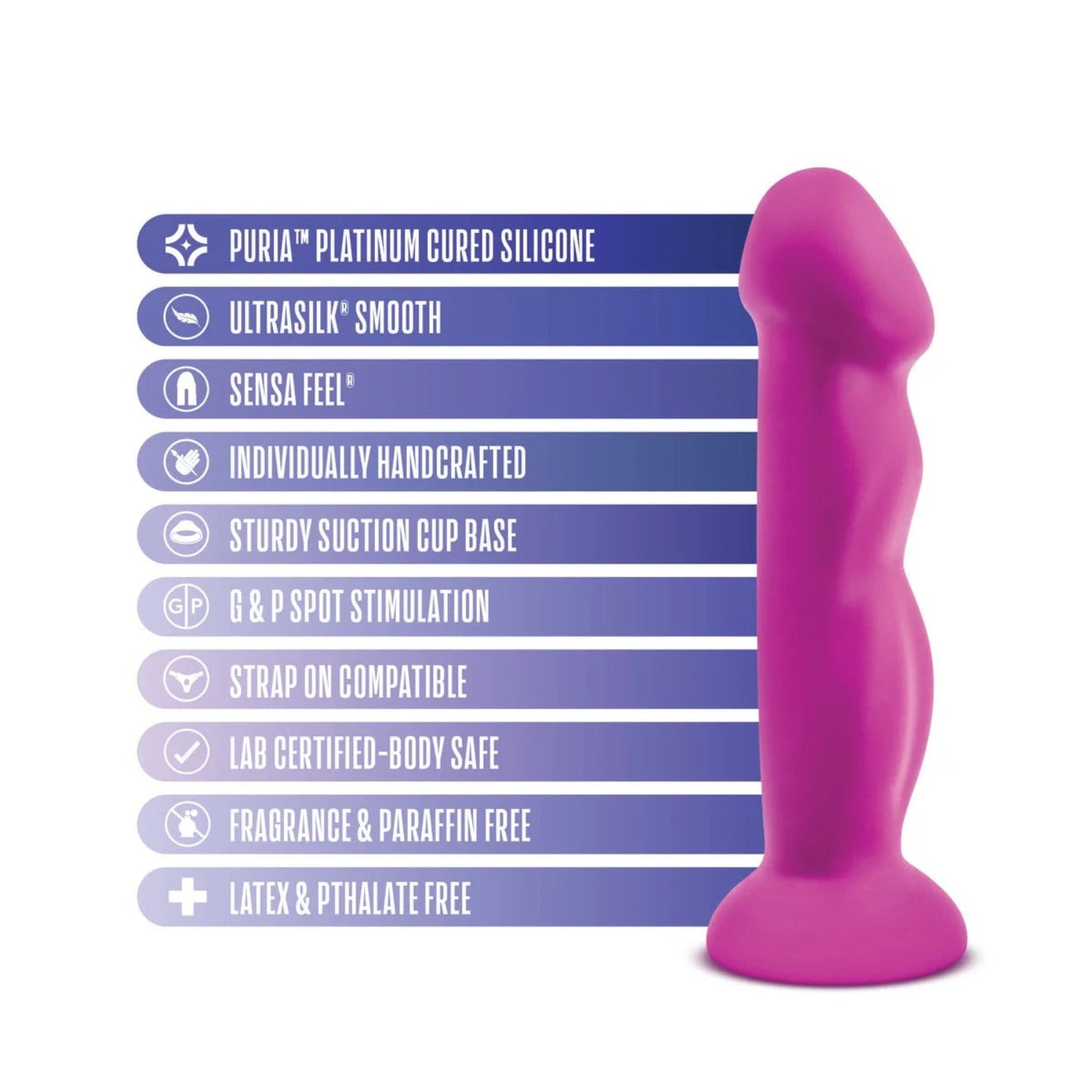 Avant Suko Violet D11 feature infographic highlighting Puria platinum silicone, Sensa Feel dual density, suction base, and body-safe certification.
