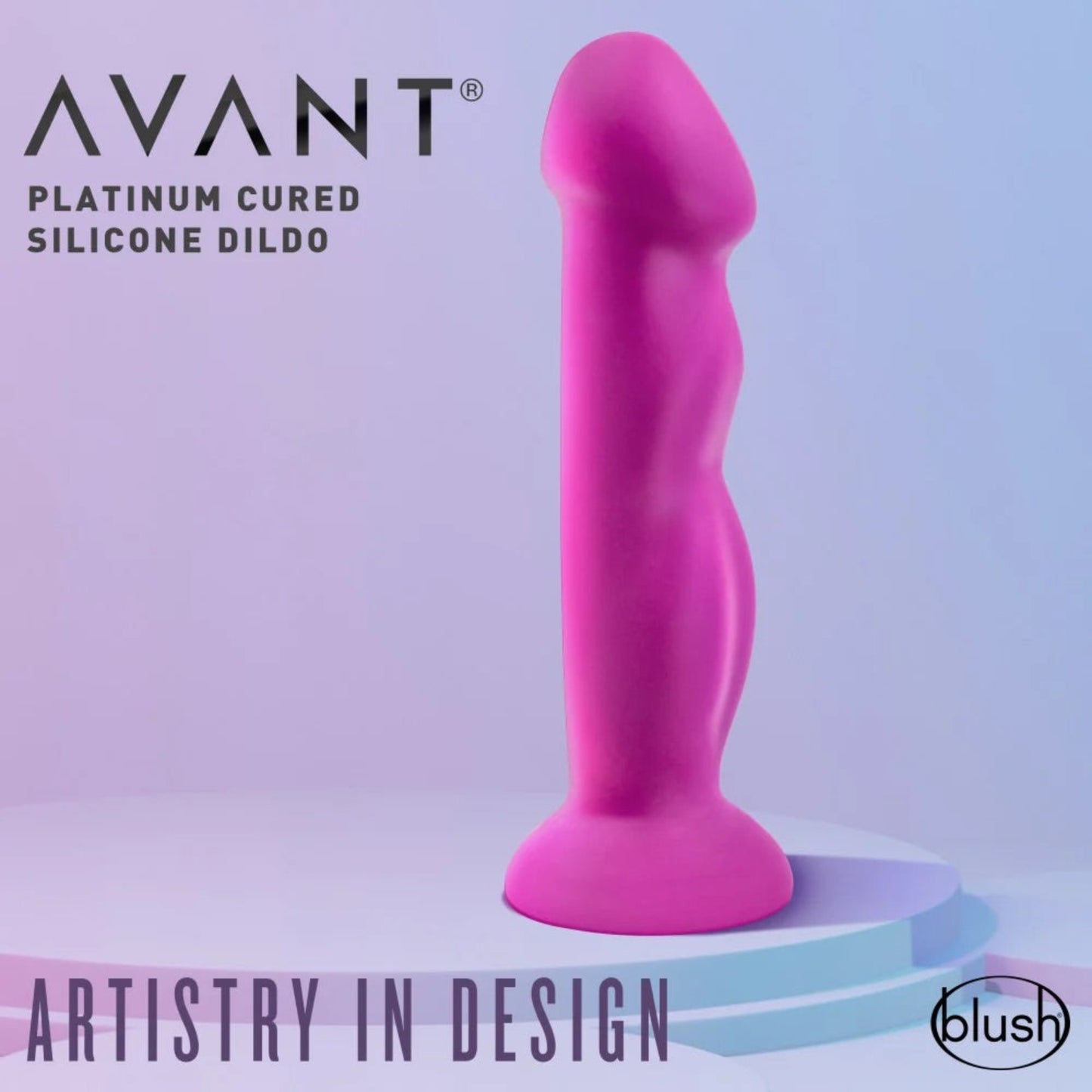 Avant Suko dildo displayed on a podium with "Avant Platinum Cured Silicone Dildo - Artistry in Design" text.