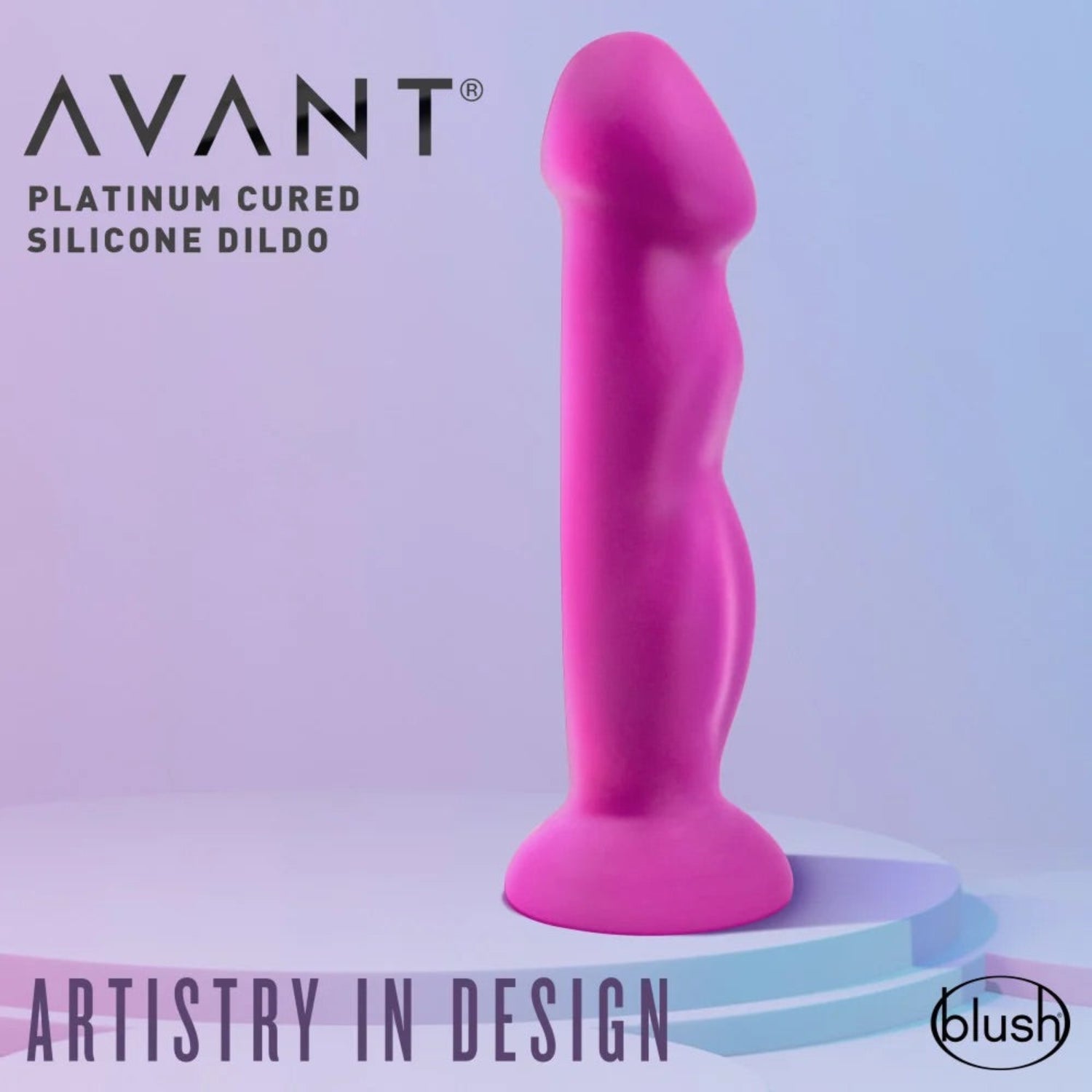 Avant Suko dildo displayed on a podium with "Avant Platinum Cured Silicone Dildo - Artistry in Design" text.