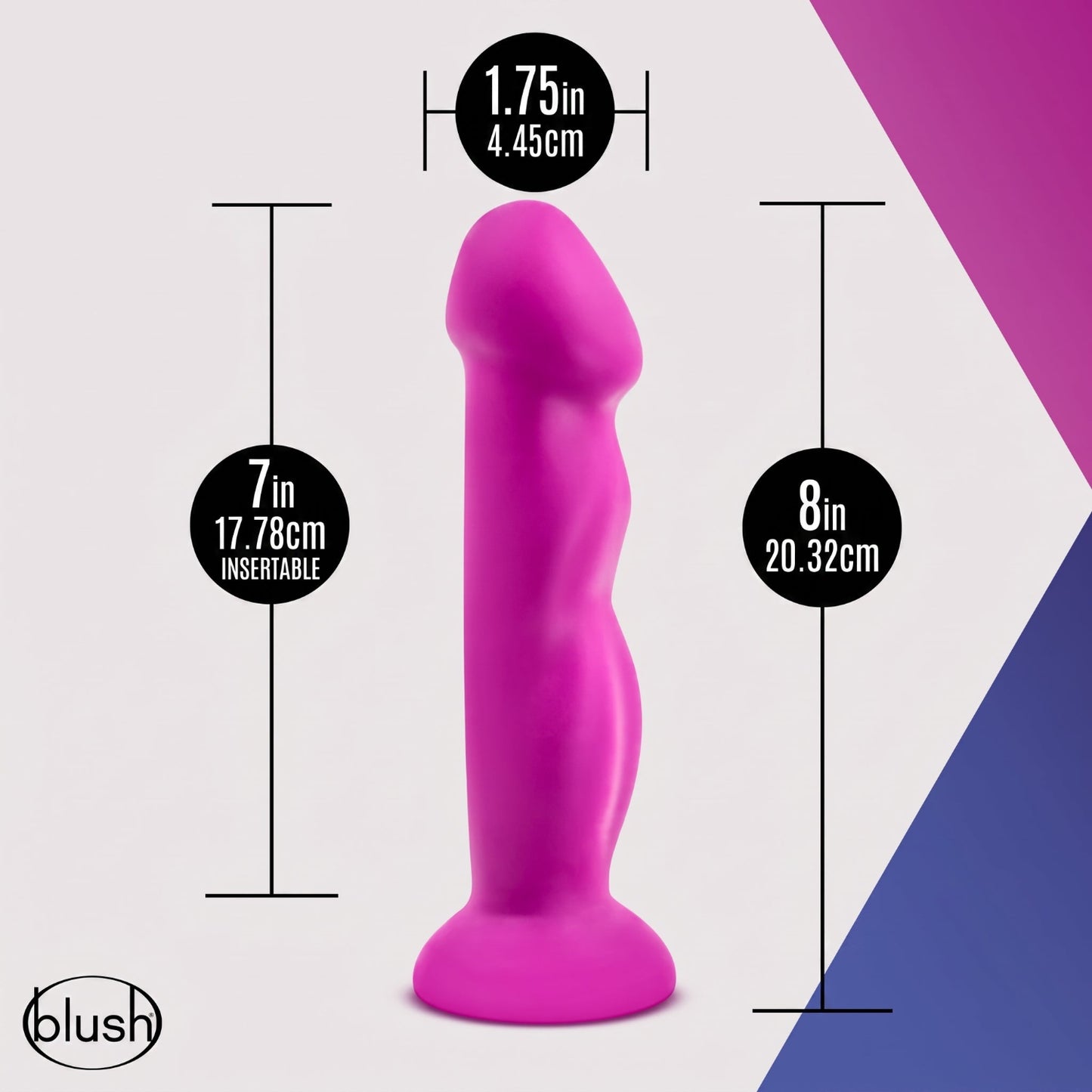 Dimensional measurement diagram for the magenta Avant Suko Violet D11 dildo, highlighting an 8-inch (20.32 cm) total length, 7-inch (17.78 cm) insertable length, and 1.75-inch (4.45 cm) diameter.
