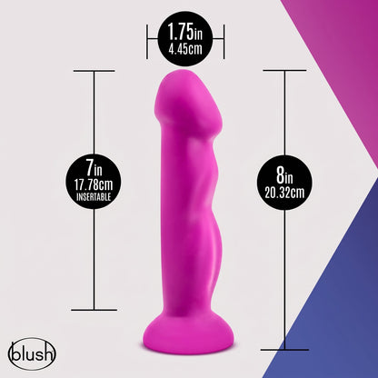 Dimensional measurement diagram for the magenta Avant Suko Violet D11 dildo, highlighting an 8-inch (20.32 cm) total length, 7-inch (17.78 cm) insertable length, and 1.75-inch (4.45 cm) diameter.