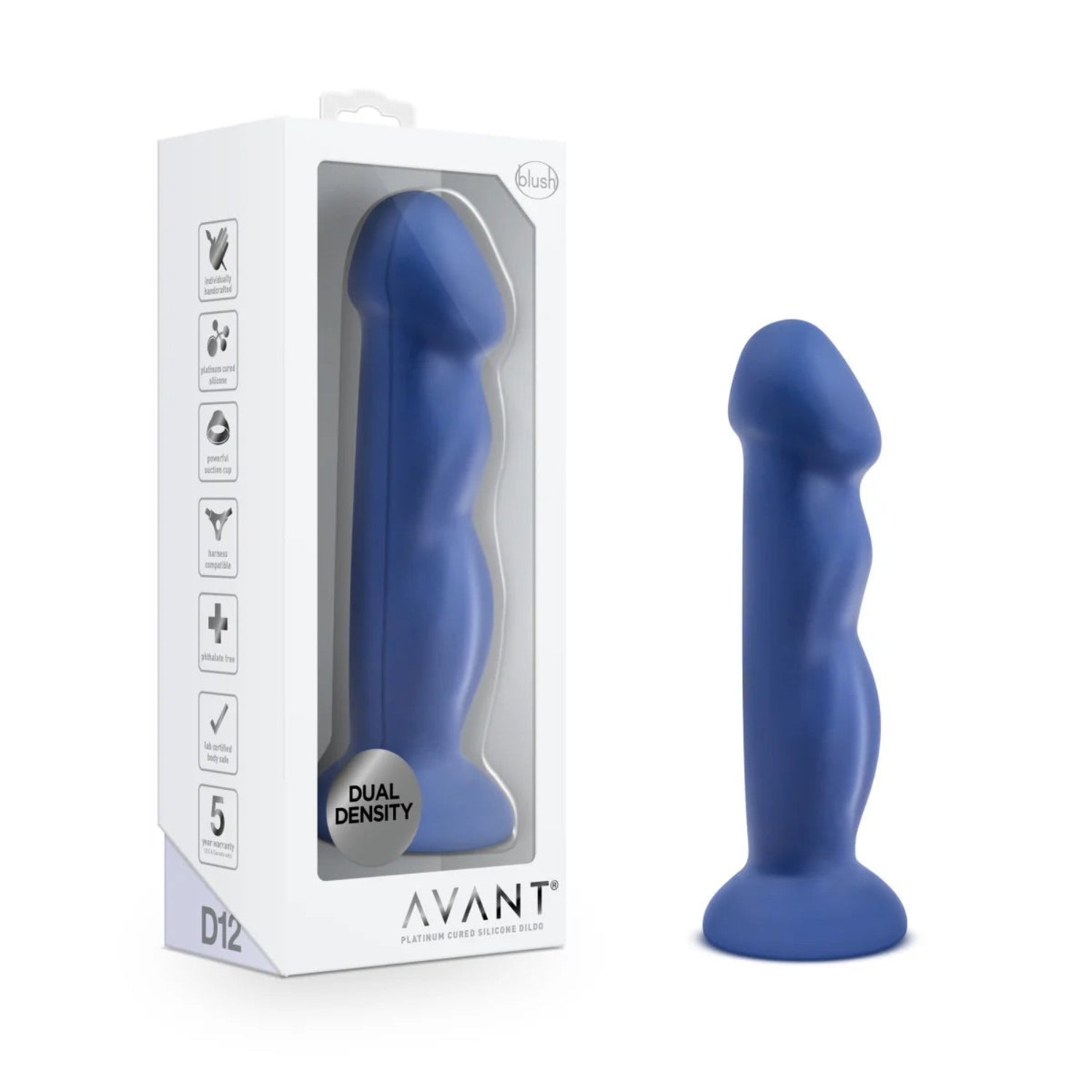 Indigo blue Avant Suko D12 dual-density silicone dildo standing upright beside its white retail packaging box with clear display window.