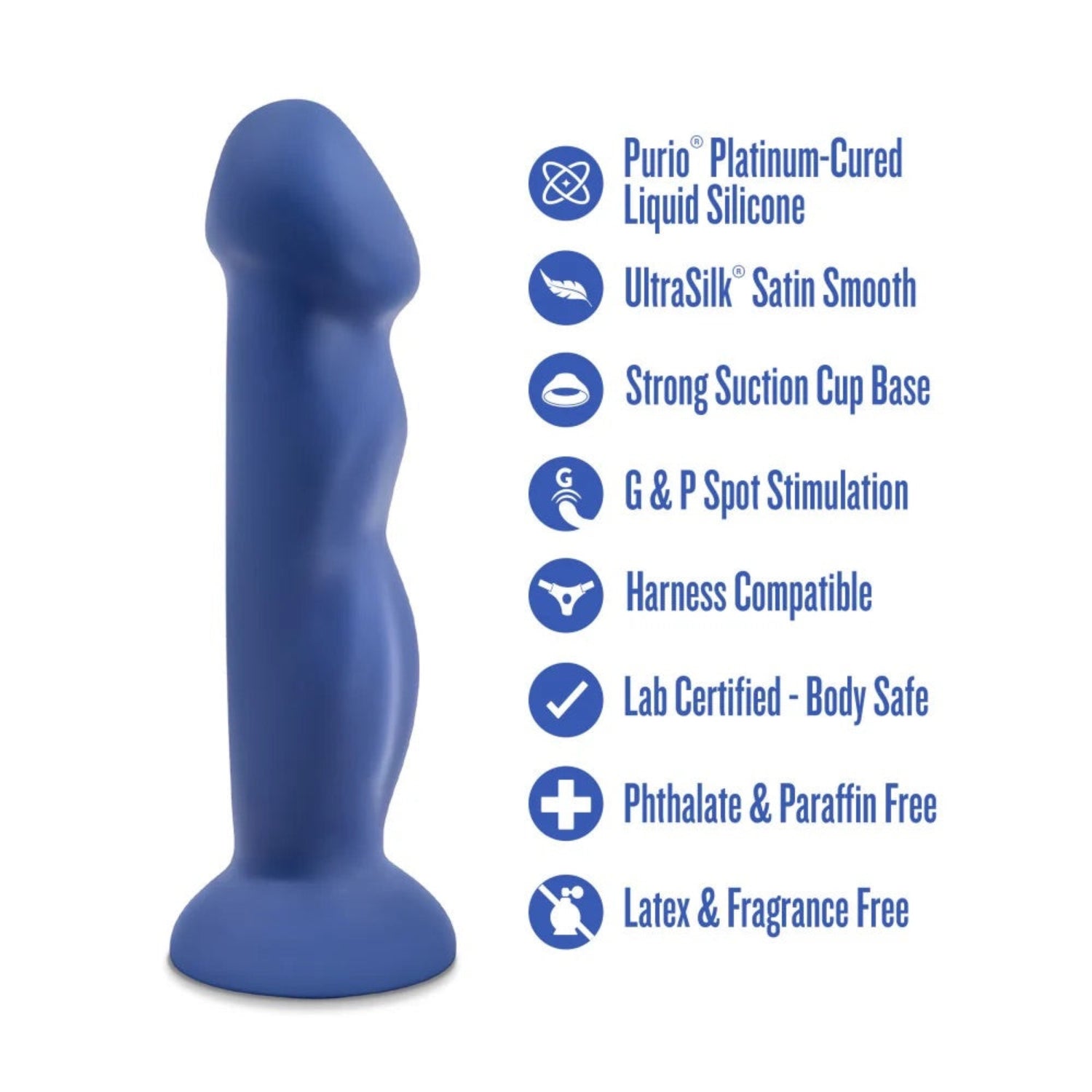Avant Suko Indigo feature diagram highlighting Purio platinum silicone, UltraSilk finish, strong suction cup base, and body-safe certifications.