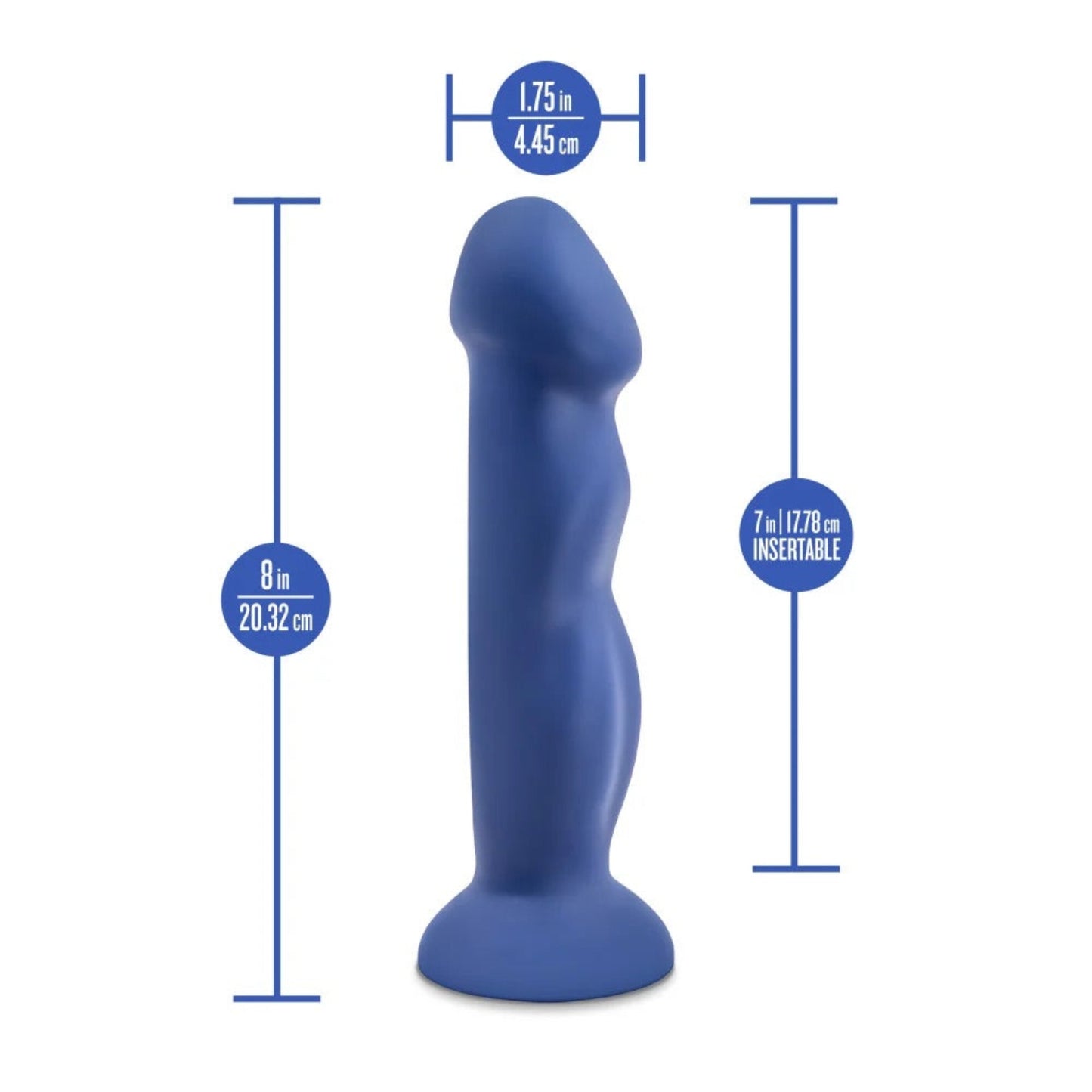 Dimensional graphic of the Avant Suko Indigo dildo highlighting the 8-inch (20.32 cm) length, 7-inch (17.78 cm) insertable length, and 1.75-inch (4.45 cm) width.