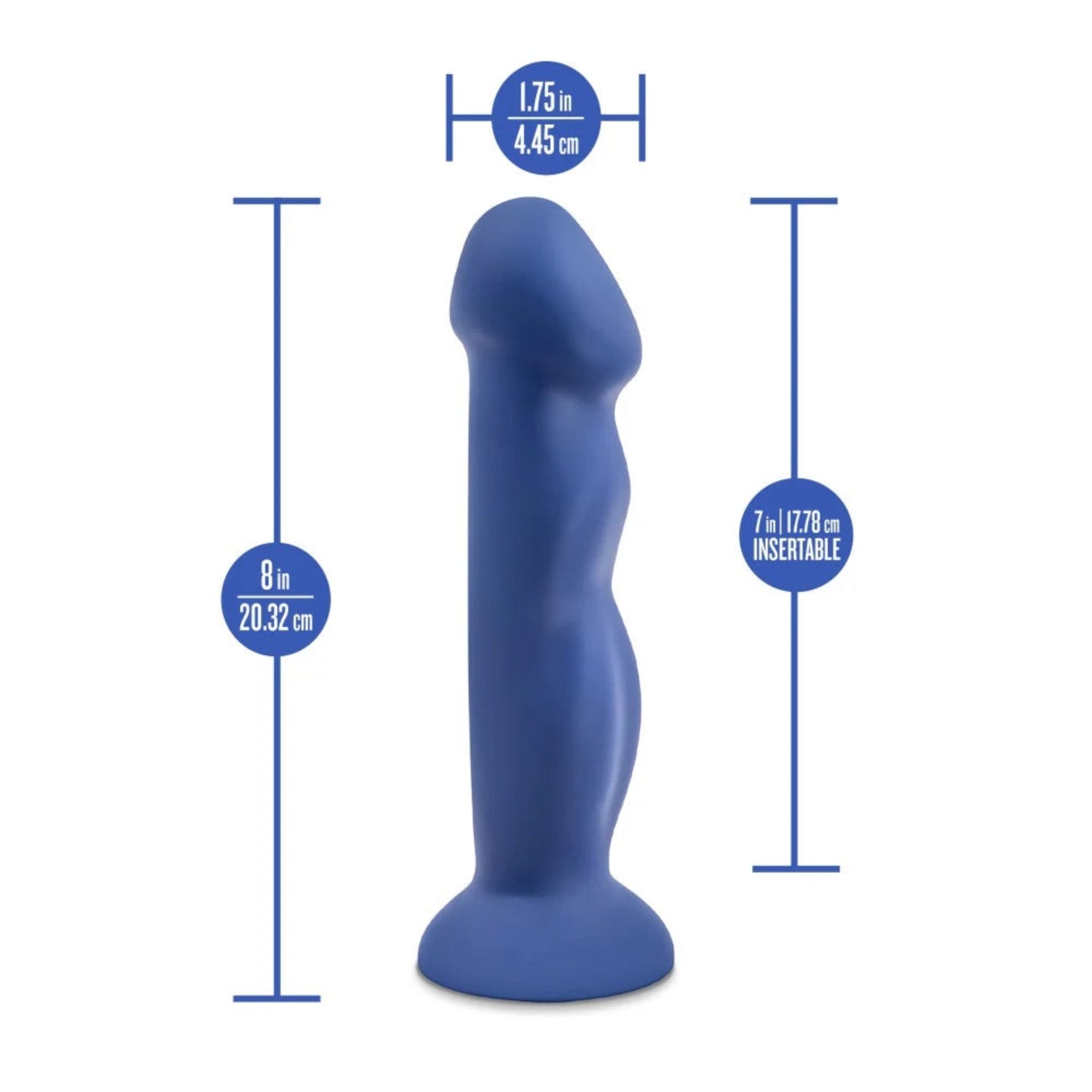 Dimensional graphic of the Avant Suko Indigo dildo highlighting the 8-inch (20.32 cm) length, 7-inch (17.78 cm) insertable length, and 1.75-inch (4.45 cm) width.