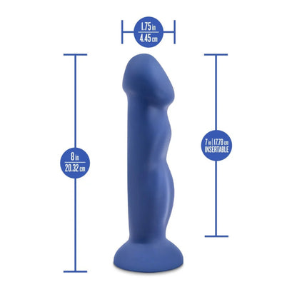 Dimensional graphic of the Avant Suko Indigo dildo highlighting the 8-inch (20.32 cm) length, 7-inch (17.78 cm) insertable length, and 1.75-inch (4.45 cm) width.